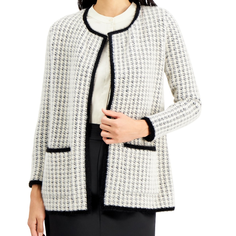 ALFANI Eyelash Houndstooth Tipped Open Cardigan Black Ivory PS SP NWT $100